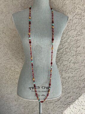 Vintage Long Beaded Necklace Wood & Glass Red Turquoise Brown Artisan Earthy